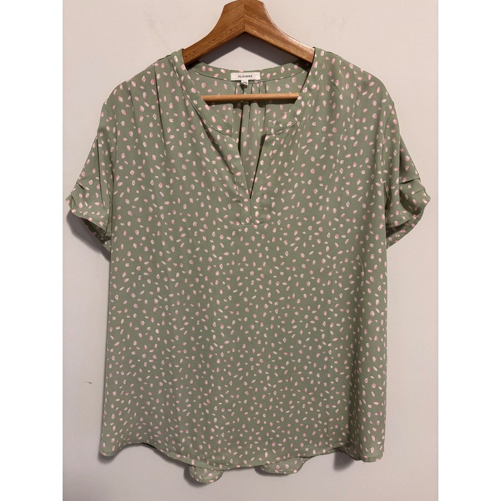 Pleione Green Pink Petal Print Split Neck Blouse XL Short Sleeve Top lightweight